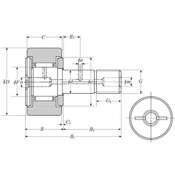 NTN KR40X, Flat Cam Follower  40 Mm Od 215 Mm Roller W 18 Mm Stud Dia 365 Mm Stud Len